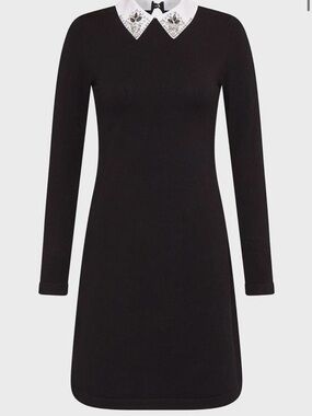 Karen Millen Black Midi Dress With Crystal Collar, Goth, Luxury, Designer.